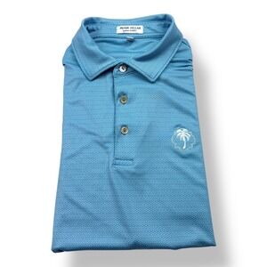 Peter Millar Summer Comfort Mens Medium Blue Geometric Palm Tree Golf Polo Shirt
